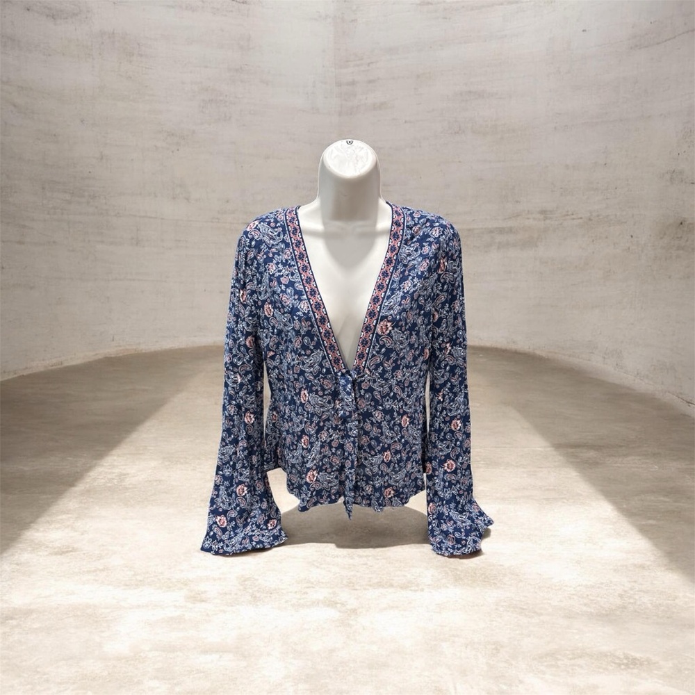 Lush Navy Floral Tie-Front V-Neck Blouse